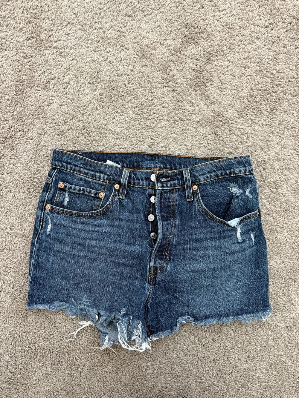 Levi's Dark Blue Distressed Button-Fly Denim Shorts